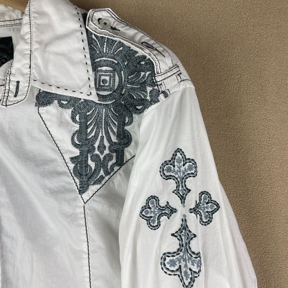 Roar Shirt Mens Extra Large White Embroidered Buckle Wings Crosses Long Sleeve - Picture 3 of 16